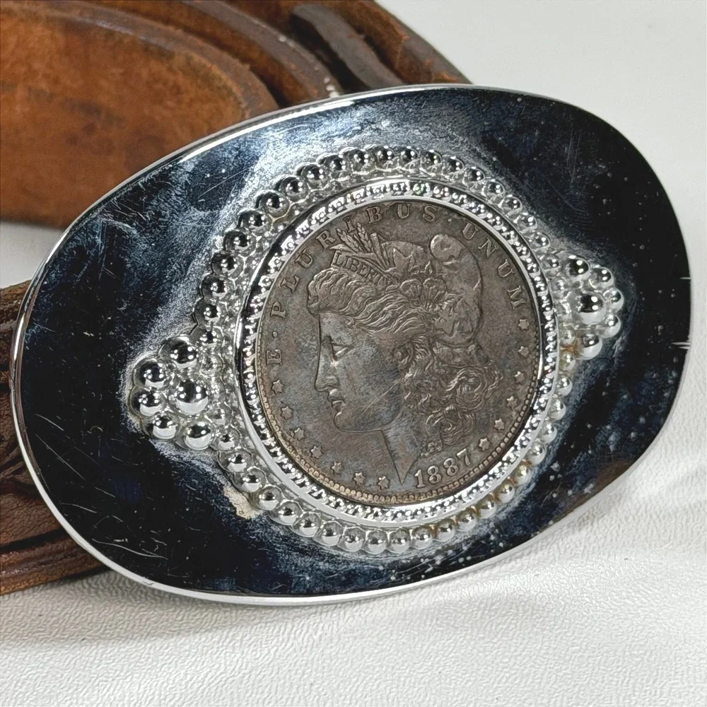 Vintage 1887 Morgan Dollar Oval Belt Buckle Stainless Brown Tooled Leather sz 34